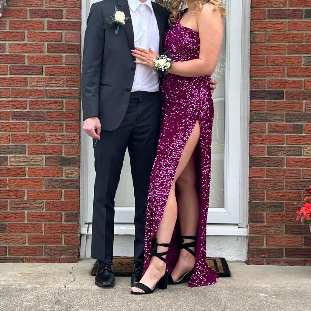 Prom Formal Dress - One shoulder sequins dark pink/fushia size large